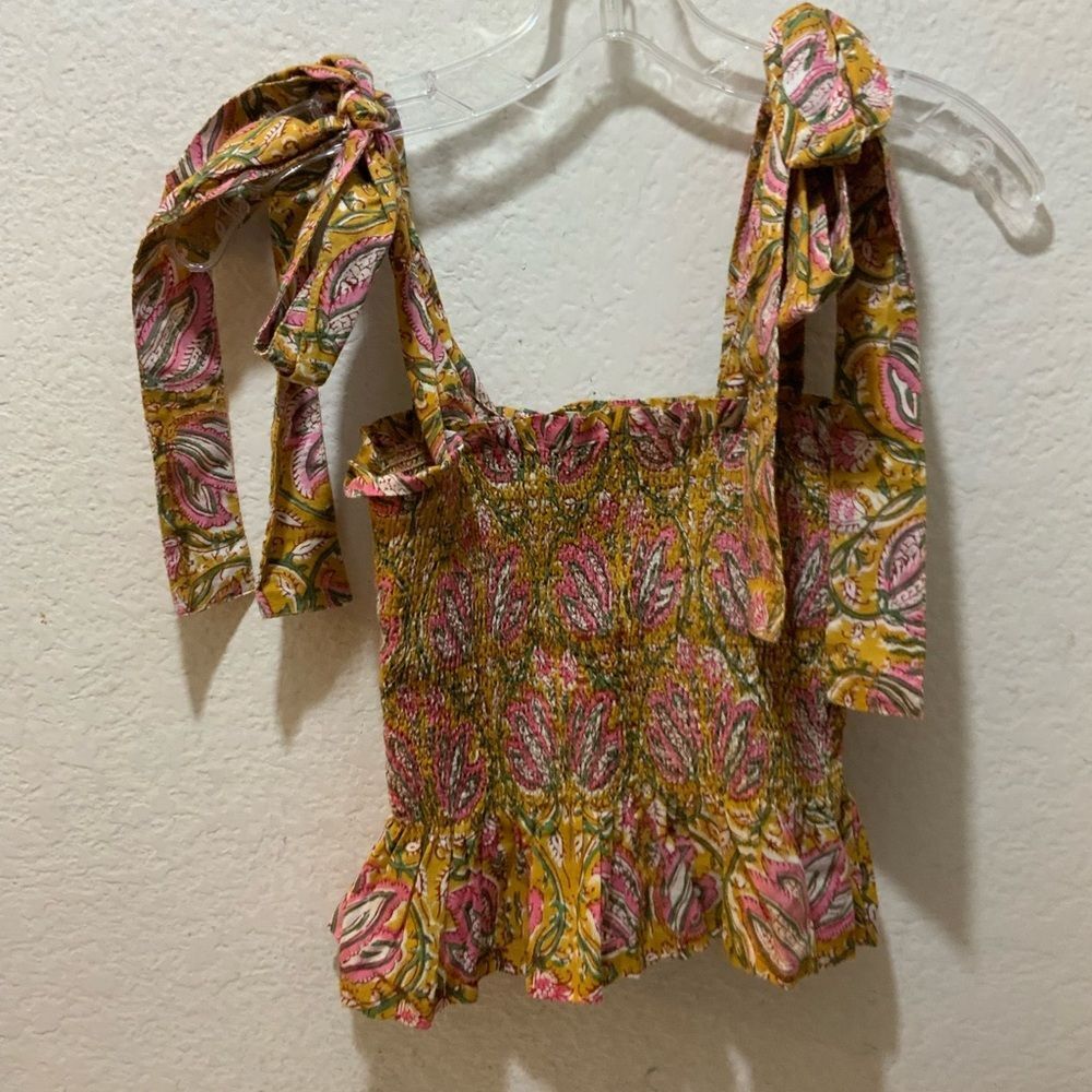 Alix Of Bohemia Pink and Mustard Paisley Tie-Shoulder Smocked Top